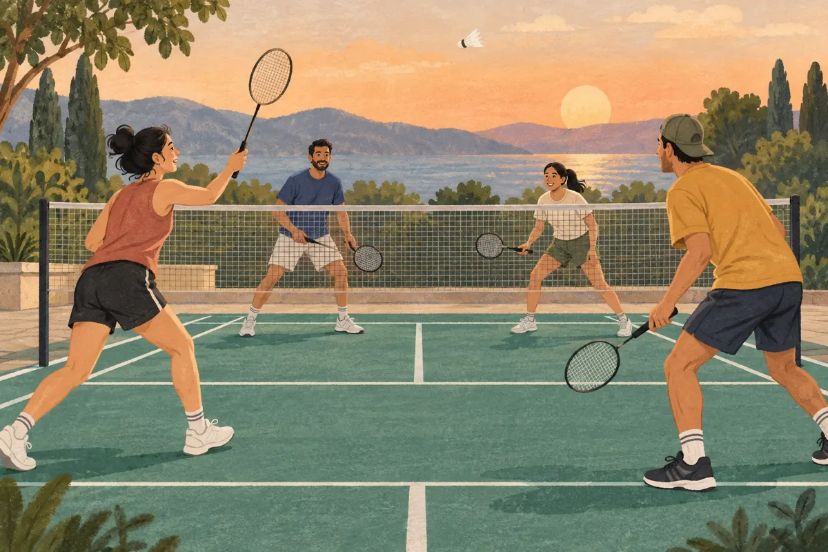 Ilustracja czterech osób podczas rekreacyjnej gry w badmintona w parach.